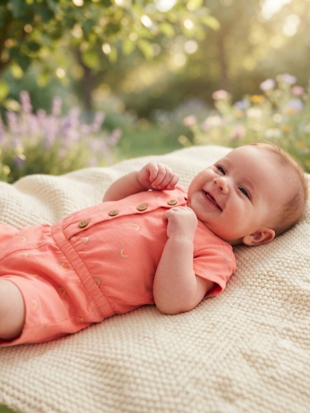 Old Navy 3-6M Coral Romper with Rainbow Accents